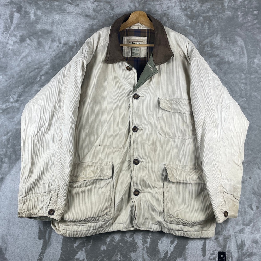 Vintage St Johns Bay Barn Jacket Mens XL Cream Corduroy Leather Collar Plaid